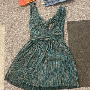 NWT Lulus Ailey Gold and Teal Blue Skater Dress